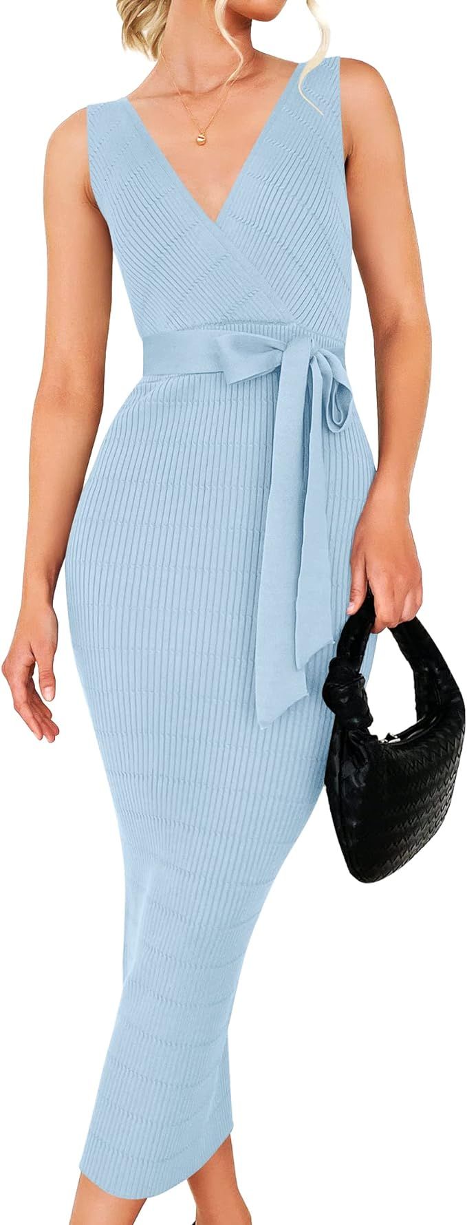 ZESICA Women's 2023 Summer Knitted Bodycon Midi Dress Elegant Wrap V Neck Sleeveless Tie Waist Sw... | Amazon (US)