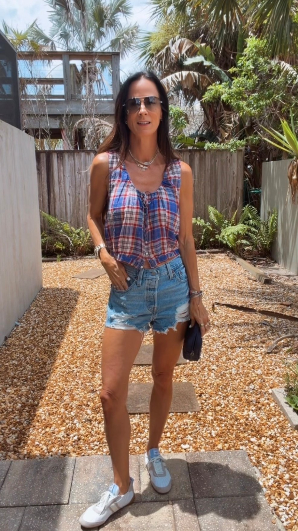 Red, white, and cute 🇺🇸⚽️

If Team USA is playing, I’m showing up festive. A little plaid, a little denim, designer sunnies, comfy sneakers, and just enough spirit to yell at the TV like I’m the coach. 😂

Proof that game day style doesn’t have to involve an oversized jersey.

#NicoleColeeStyle #GameDayStyle #SummerOOTD #CasualChicStyle #USAStyle

#LTKdayinmylife #LTKgrwm #LTKootd