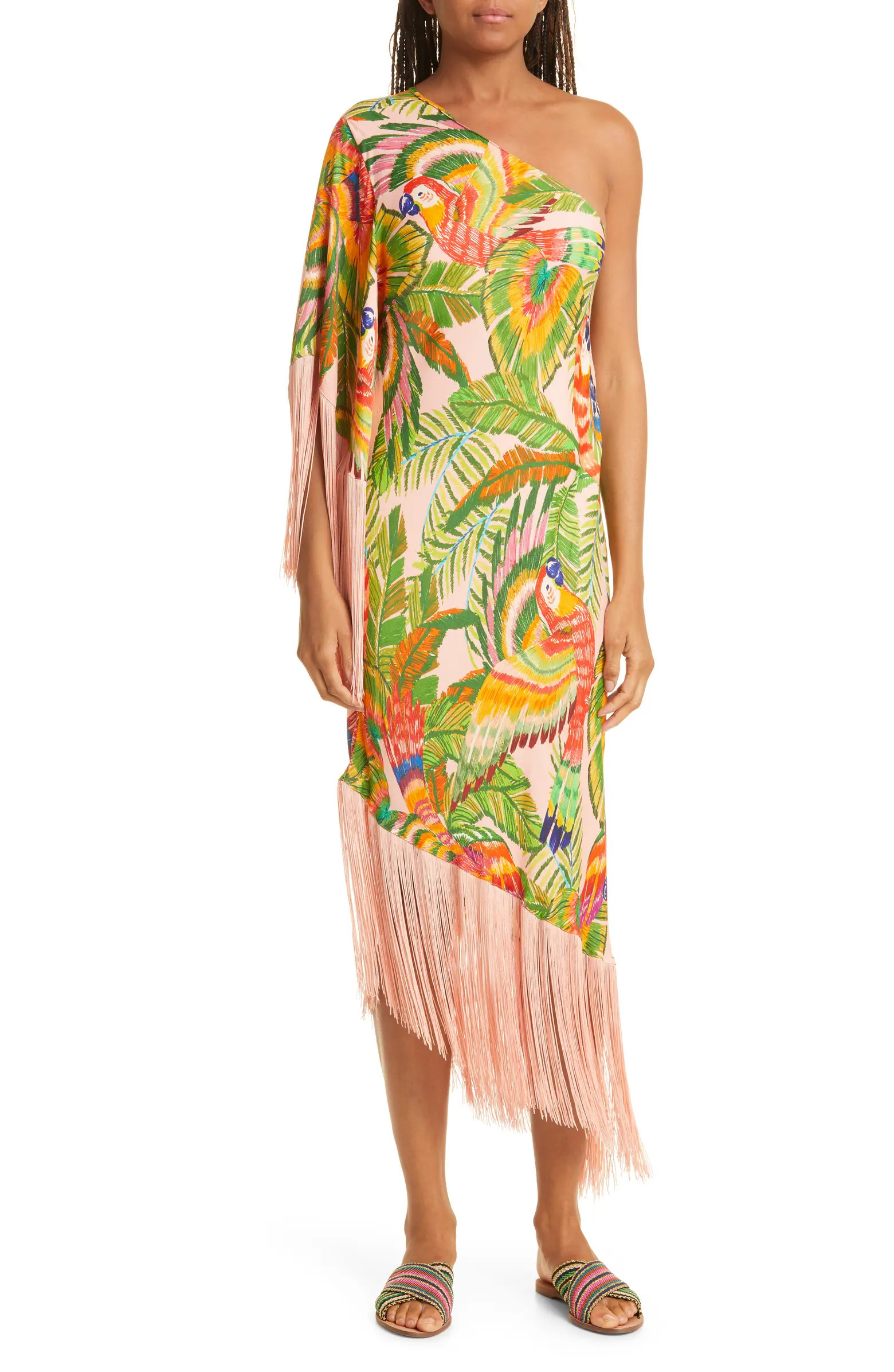 FARM Rio Macaw Print Fringed One-Shoulder Dress | Nordstrom | Nordstrom