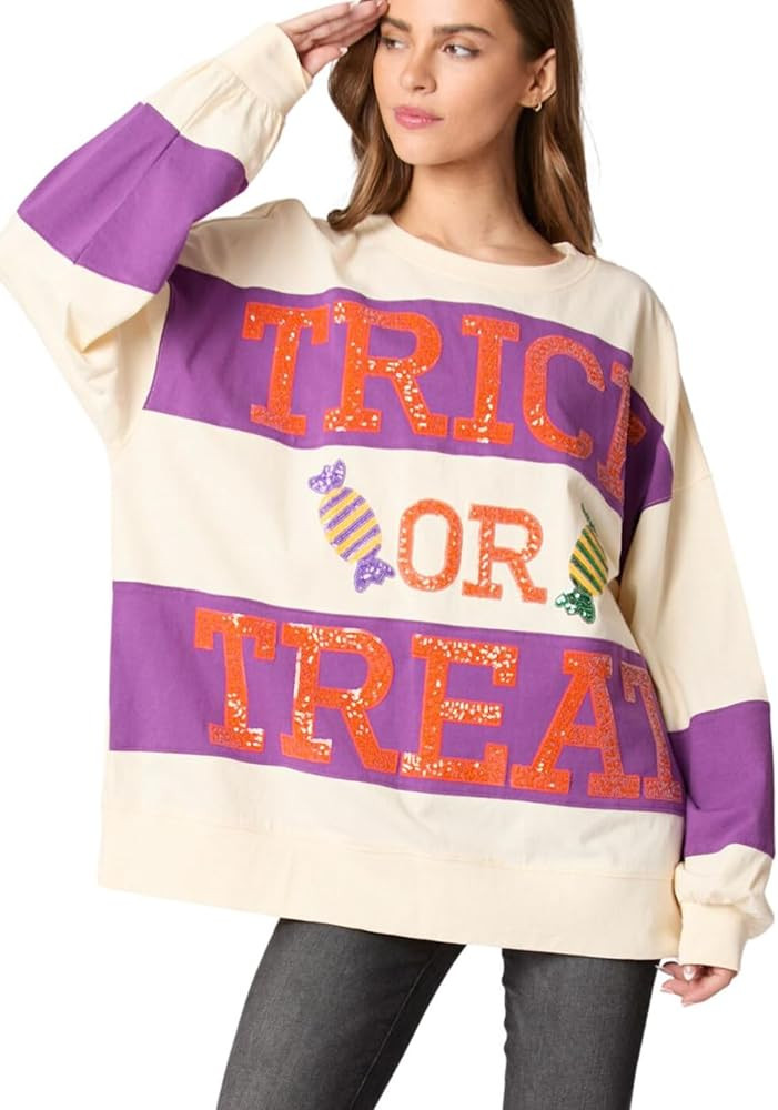 utcoco Oversized Sweatshirt for Women Halloween Letter Sequin Long Sleeve Shirts Color Block Hood... | Amazon (US)