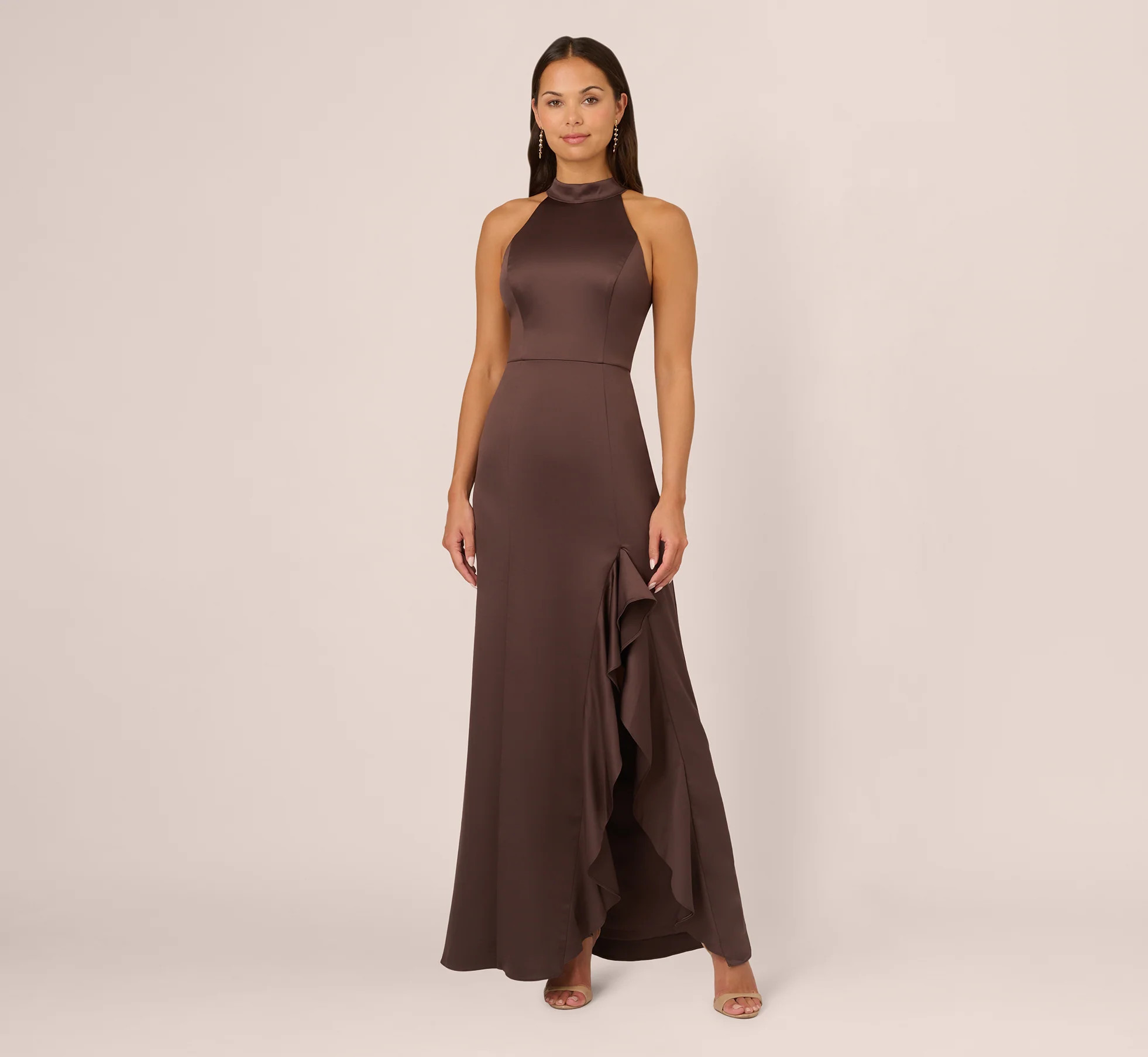 Satin Halter Mermaid Gown With Ruffle Trim In Dark Brown | Adrianna Papell