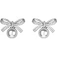 NICOLE MILLER Silver Ribbon Bow Crystal Rhinestones White Pearl Stud Earrings | Amazon (US)