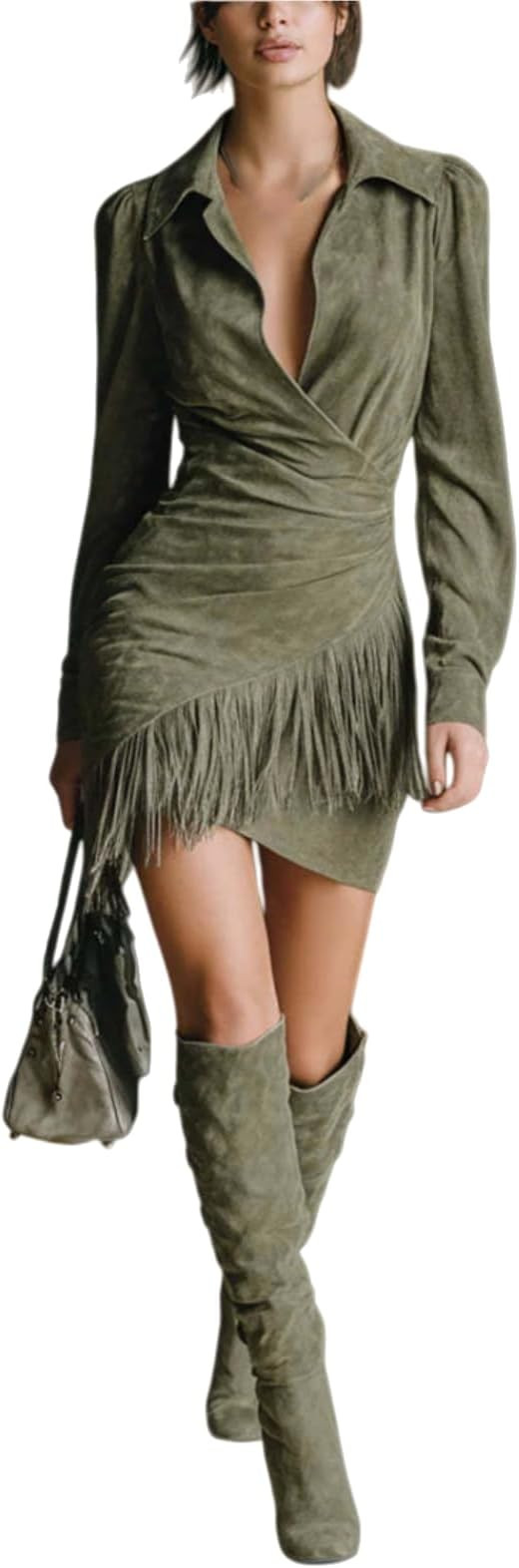 Women's Suede Asymmetrical Fringe Hem Dress Vintage High-Neck Suede Pleated Tassel Wrap Long Slee... | Amazon (US)