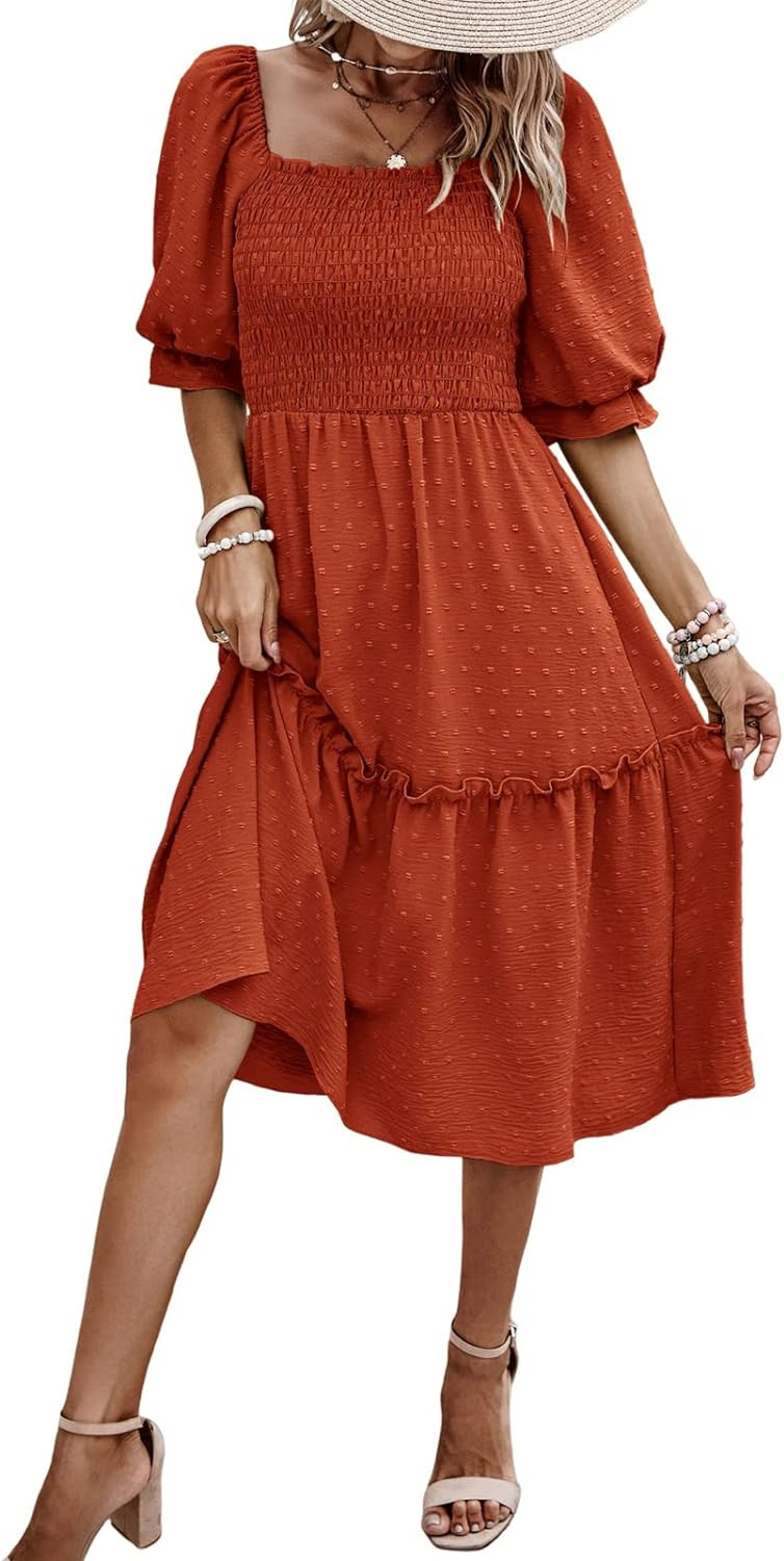 PRETTYGARDEN Women's Summer Casual Midi Dress Spring Puff Sleeve Square Neck A-line Flowy Boho Fl... | Amazon (US)
