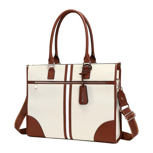 MOSISO Laptop Bag for Women, 15.6 inch PU Leather Laptop Tote Work Bag Purse with Front Zipper Pocket, Large Capacity Waterproof Patchwork Stripe Computer Briefcase for Business Office Work, Brown | Amazon (US)