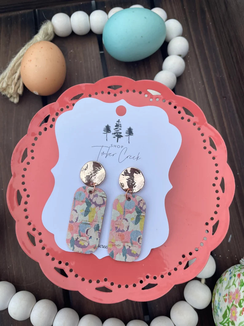 Spring Abstract Floral Leather on Cork Dangle Earrings, Cork Earrings, Statement Earrings, Gifts ... | Etsy (US)