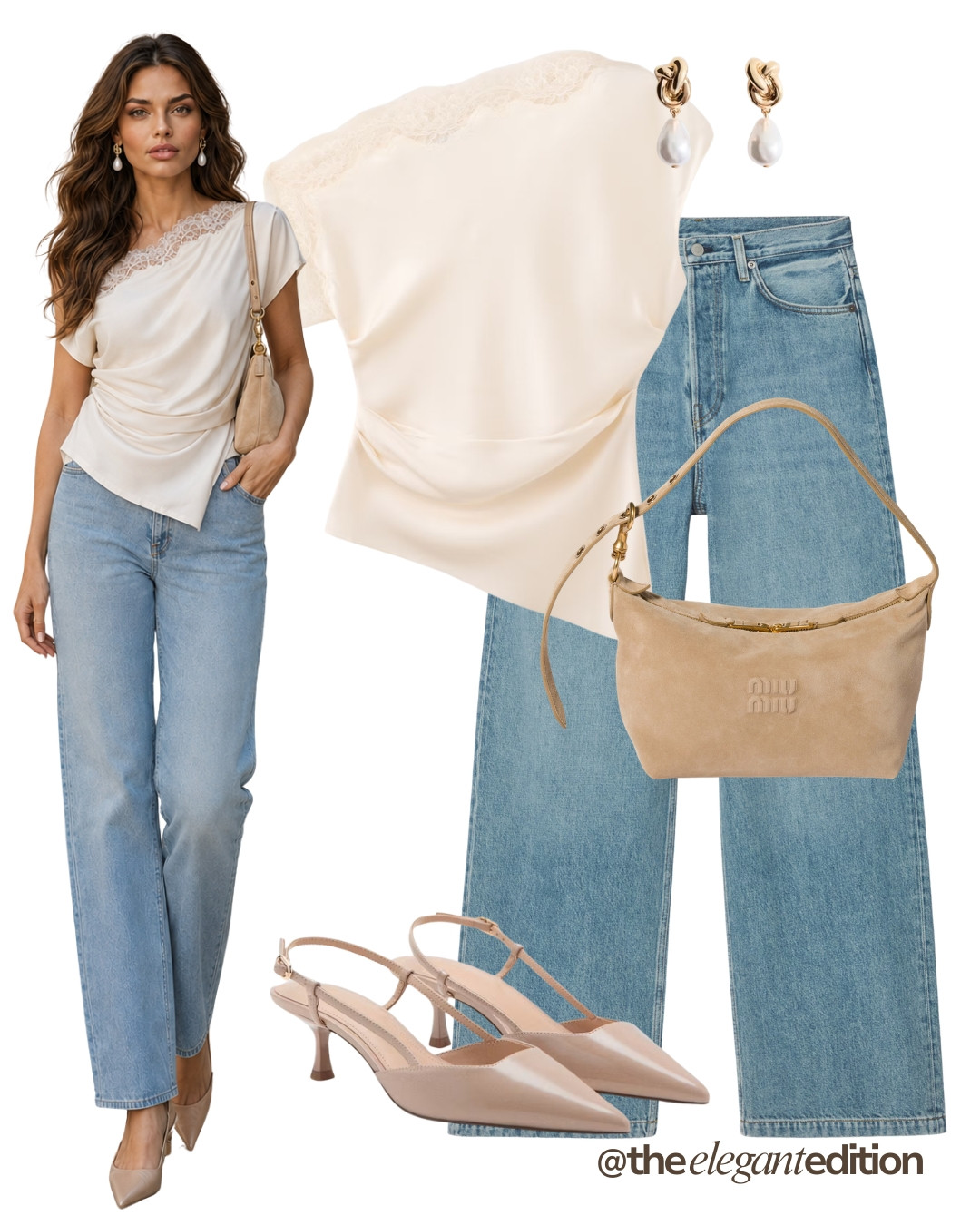 LACE TOP LOOK - Draped lace-trim satin top styled with wide-leg denim, an easy way to transition your summer wardrobe into pre-fall #laceotop #widelegjeans #slingbackheels #LTKautumn #LTKshoes #LTKstyletip 

 #LTKFashionMonth #LTKeurope #LTKautumn