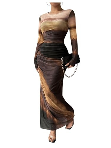 Women's Tie Dye Long Sleeve Maxi Dress Bodycon Ruched Night Out Formal Cocktail Long Dress for Wedding Guest Party Khaki | Amazon (US)