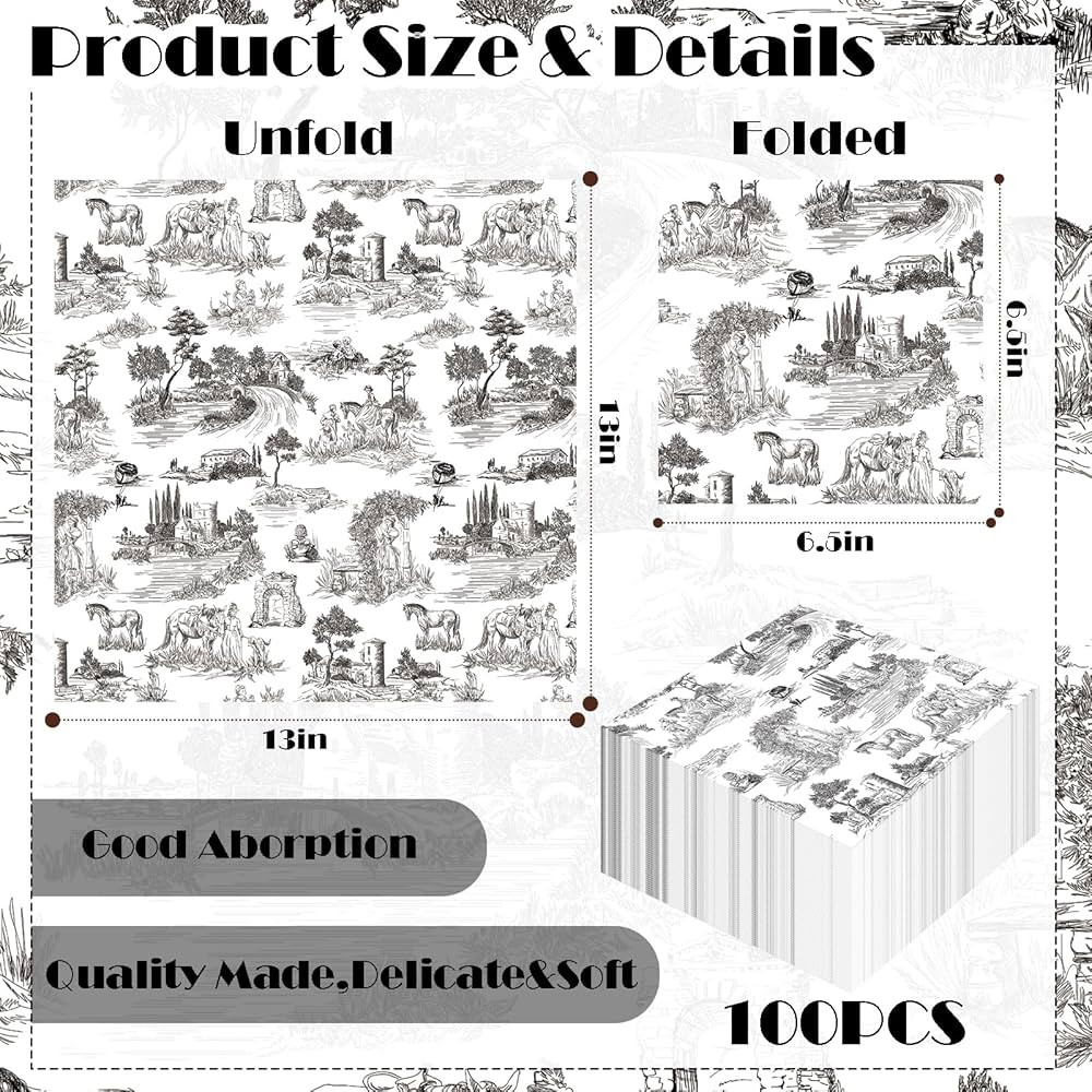 80 Sheets Vantage French Toile Paper Napkins, Disposable Countryside Horses, Bridges Trees Villag... | Amazon (US)