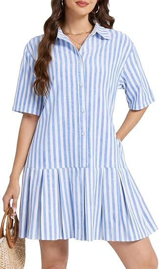 Ladyful Womens Short Sleeve Striped Shirt Dress Button Down Mini Dress Casual Loose Pleated Summe... | Amazon (US)