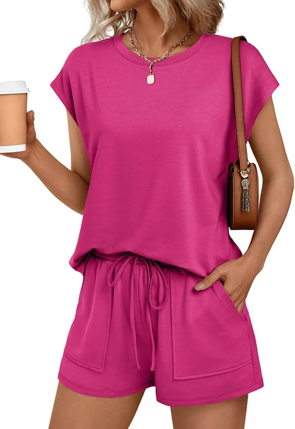 AUTOMET Womens Crew Neck Two Piece short Sets Cap Sleeve Drawstring Summer Sweatsuit with Pocket | Amazon (US)