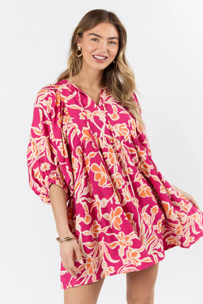 Keep The Flowers Fuchsia Floral Print Long Sleeve Mini Dress SALE | Pink Lily