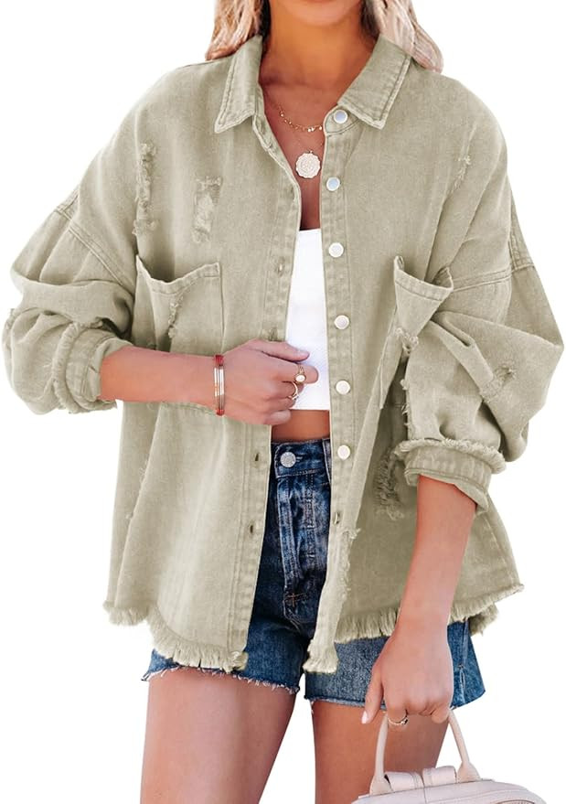 EVALESS Jean Jacket for Women Distressed Frayed Denim Jacket Ladies Ripped Stretchy Jacket With P... | Amazon (US)