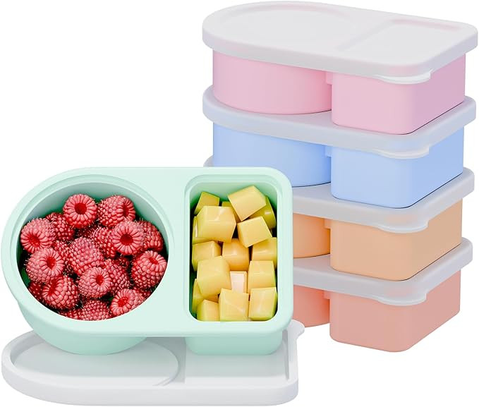5 Pack Silicone Snack Containers, 2 Compartments Reusable Snackle Box with Lids, 8 oz, Rainbow | Amazon (US)