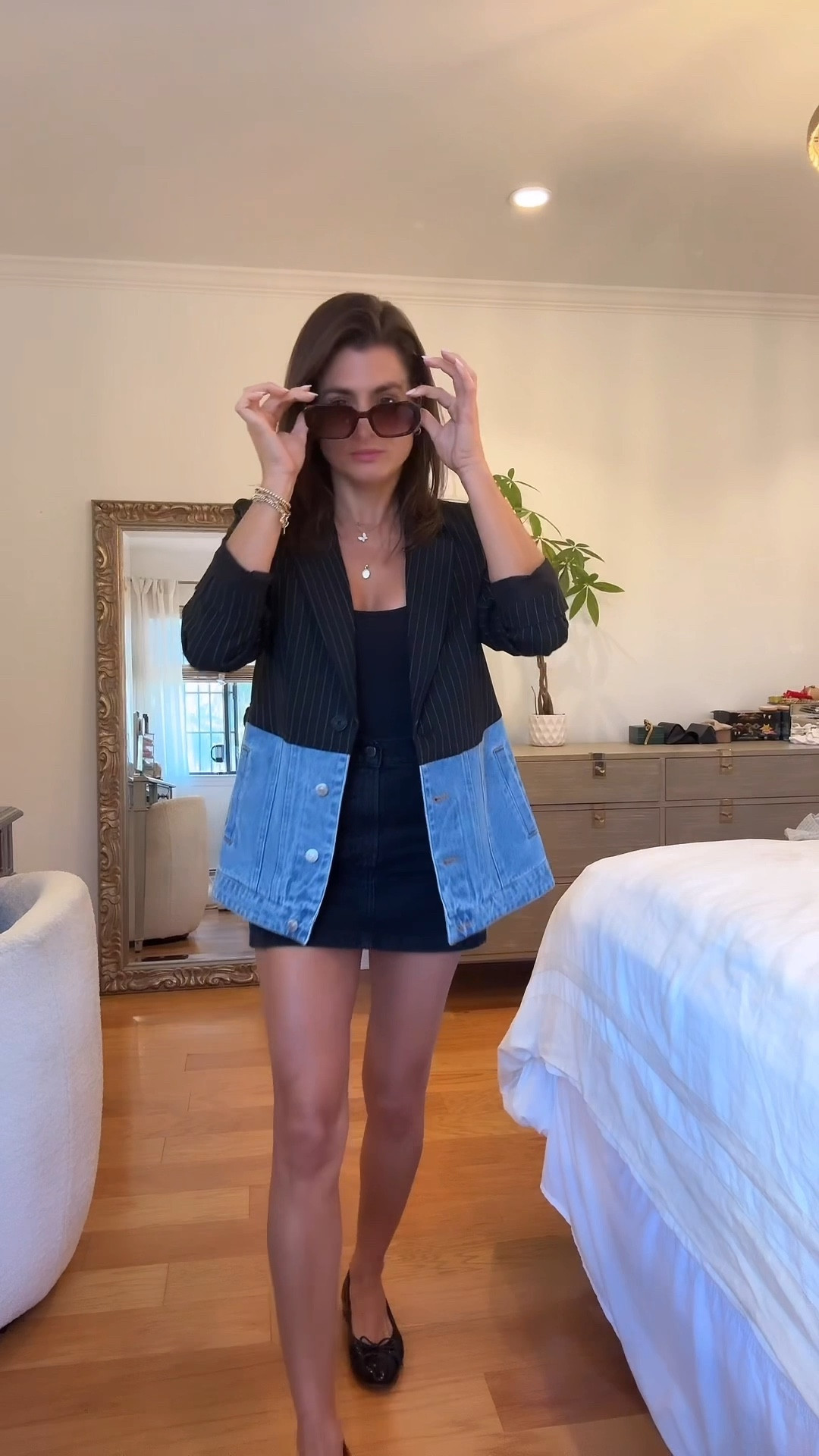 Mixed material denim and pin stripe blazer with black skirt and top 