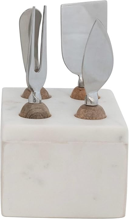 Creative Co-Op Modern Stainless Steel Wood Handles and Marble Stand Cheese Servers, White | Amazon (US)