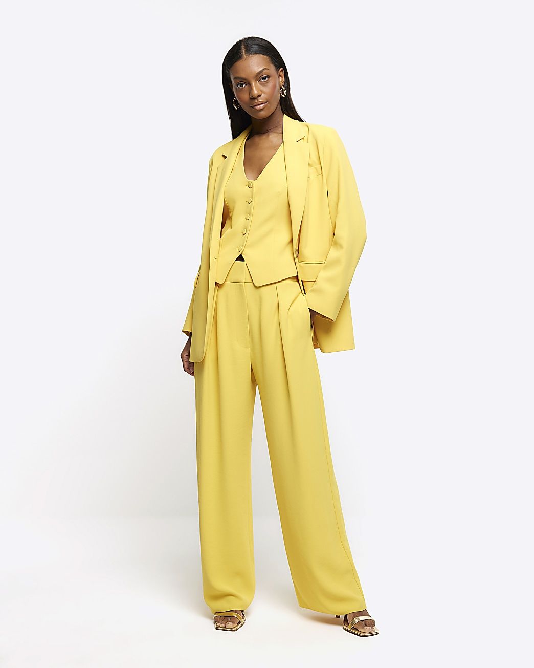 Yellow pleated wide leg trousers | River Island (UK & IE)