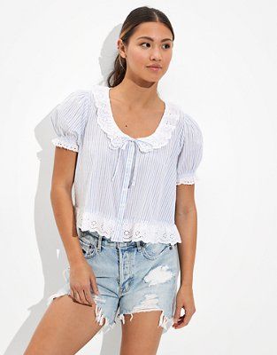 AE Scoop Neck Lace Button-Up Blouse | American Eagle Outfitters (US & CA)
