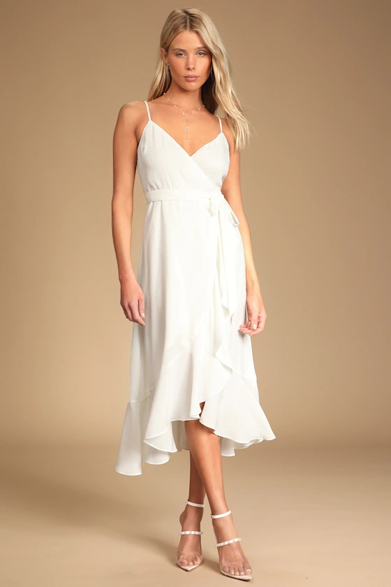 Manhattan Moment White Ruffled Midi Wrap Dress | Lulus (US)