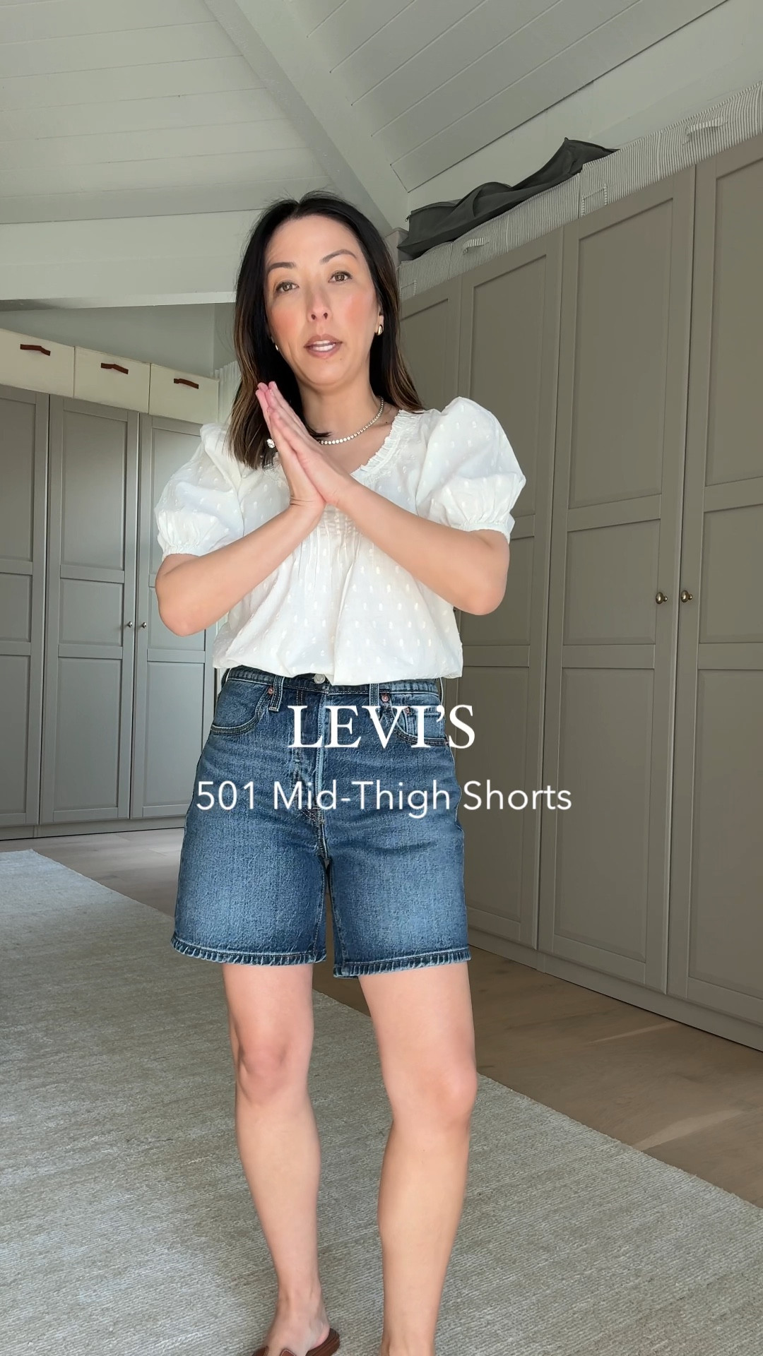 The 501 mid-thigh shorts for those who like a longer length. High rise and so comfortable. Run small - I sized up to a 27.

#LTKPetite