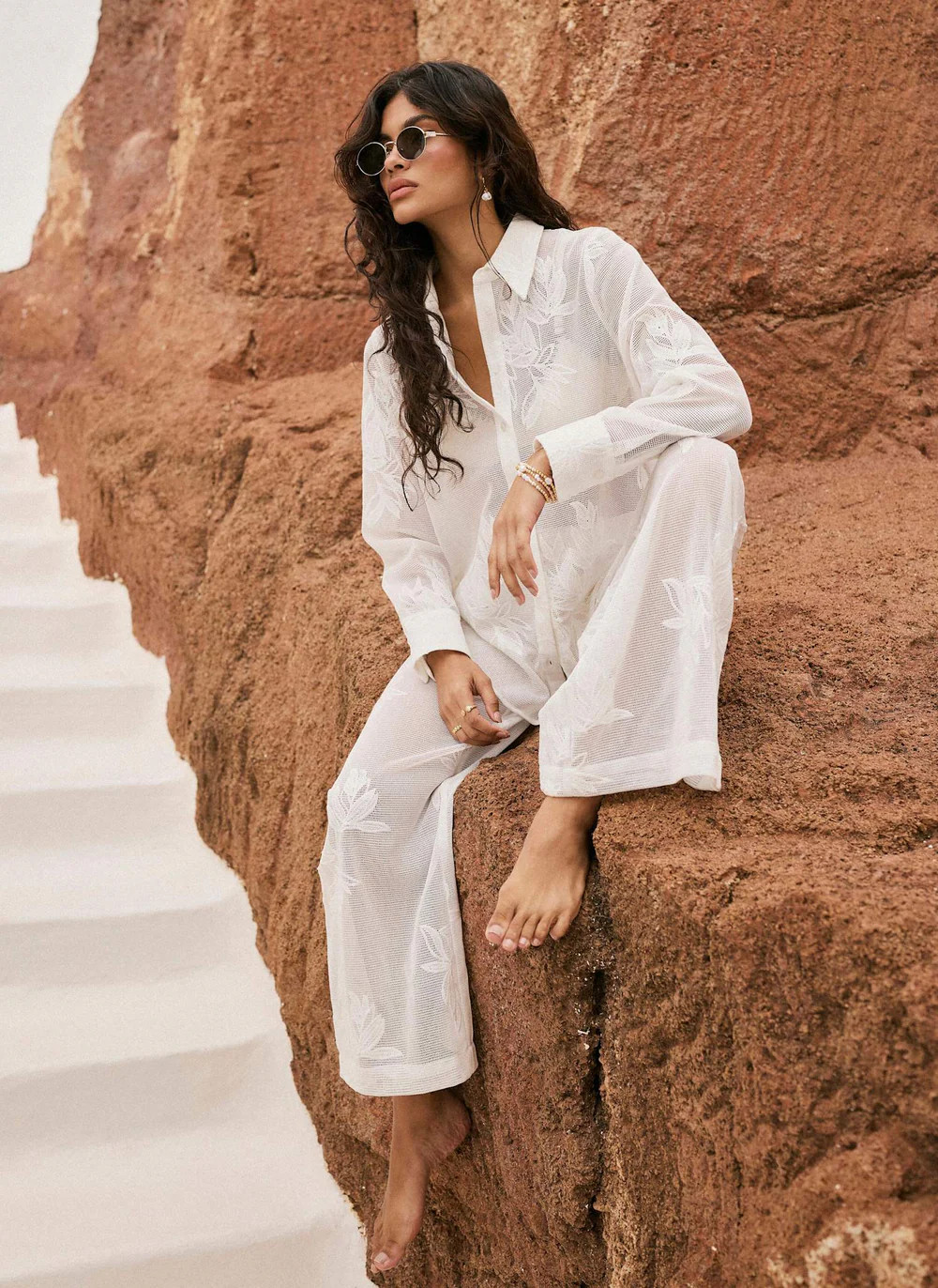 White Floral Detail Mesh Trousers | Mint Velvet