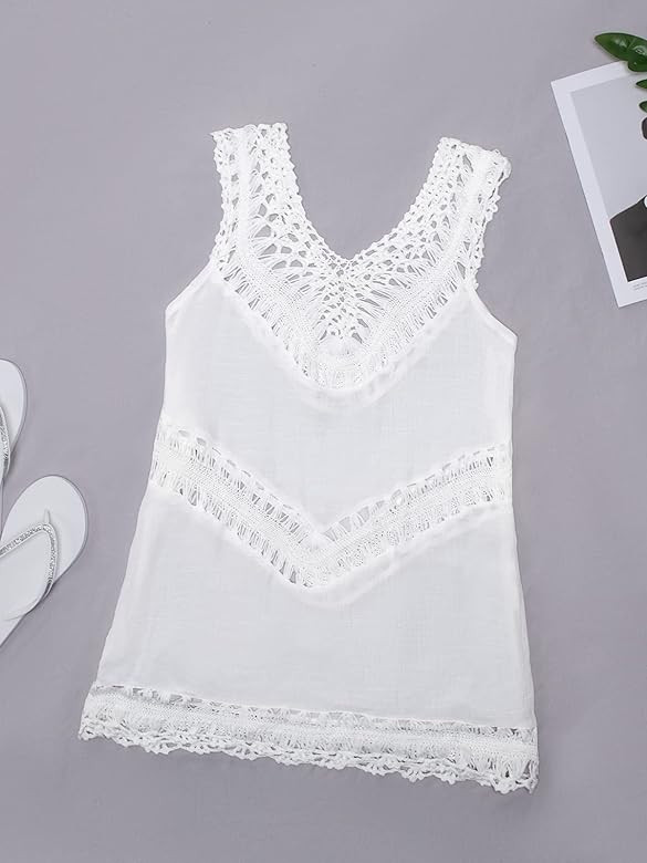 CUPSHE Women's White Crochet Sleeveless Tunic V Neck Cover Up | Amazon (US)