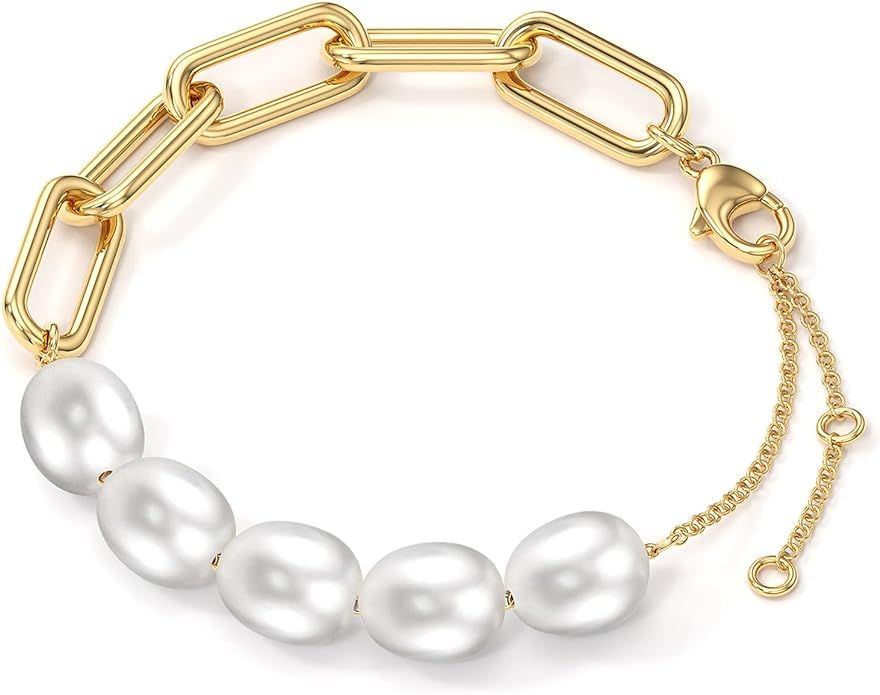 Kaiya - 2 Chains Freshwater Pearl Beaded Bracelet for Women| Premium Stainless Steel Paper Clip L... | Amazon (US)