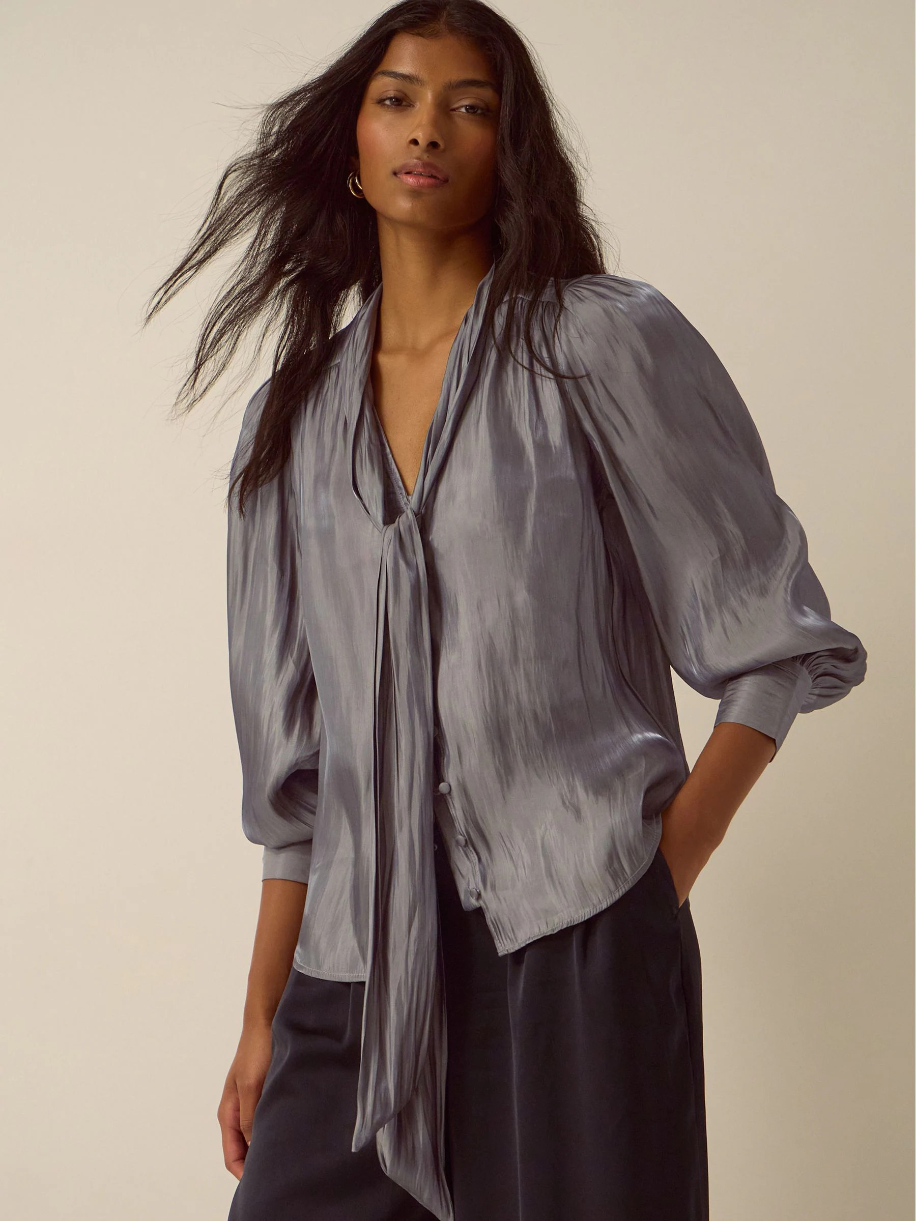 Monsoon Monsoon Grey Pussybow Blouse | Next US