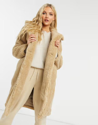 New Look longline teddy borg coat in stone | ASOS (Global)