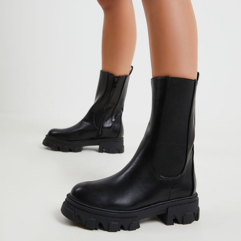 Steele Chunky Sole Ankle Biker Boot In Black Faux Leather | EGO Shoes (US & Canada)