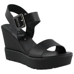 Women's Azura Leah Wedge Platform Sandal Black Leather | Bed Bath & Beyond