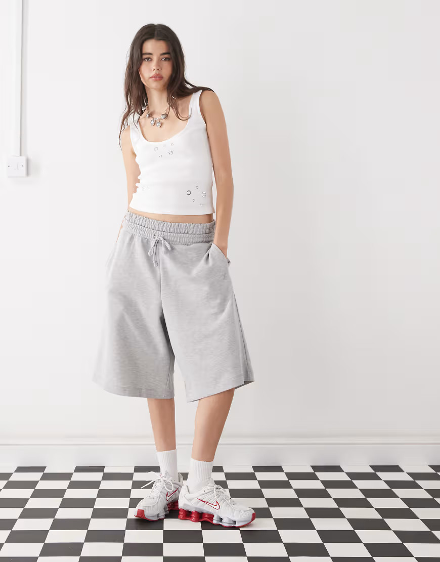 COLLUSION double waistband longline sweat shorts in gray heather-White | ASOS (Global)