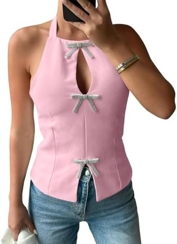 Tankaneo Womens Cute Bow Halter Tank Tops Sexy Keyhole Backless Slim Fit Crop Tops Y2k Summer Sle... | Amazon (US)