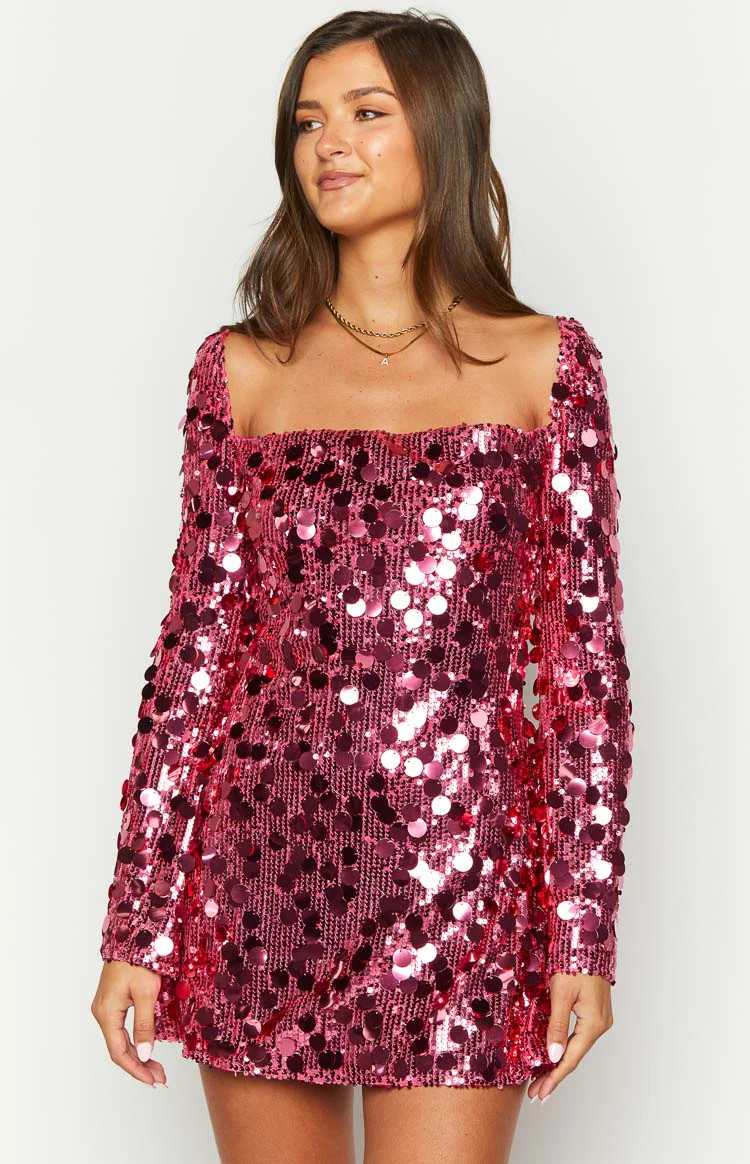 Marienne Pink Sequin Long Sleeve Mini Dress | Beginning Boutique (US)