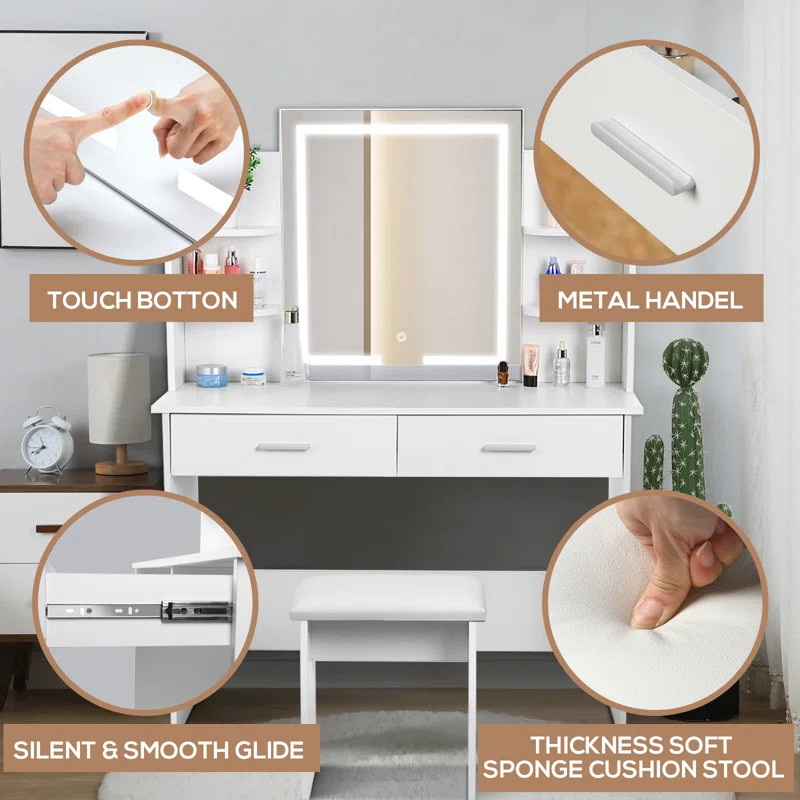 Diontre Vanity Set with LED Mirror & Stool | Wayfair North America