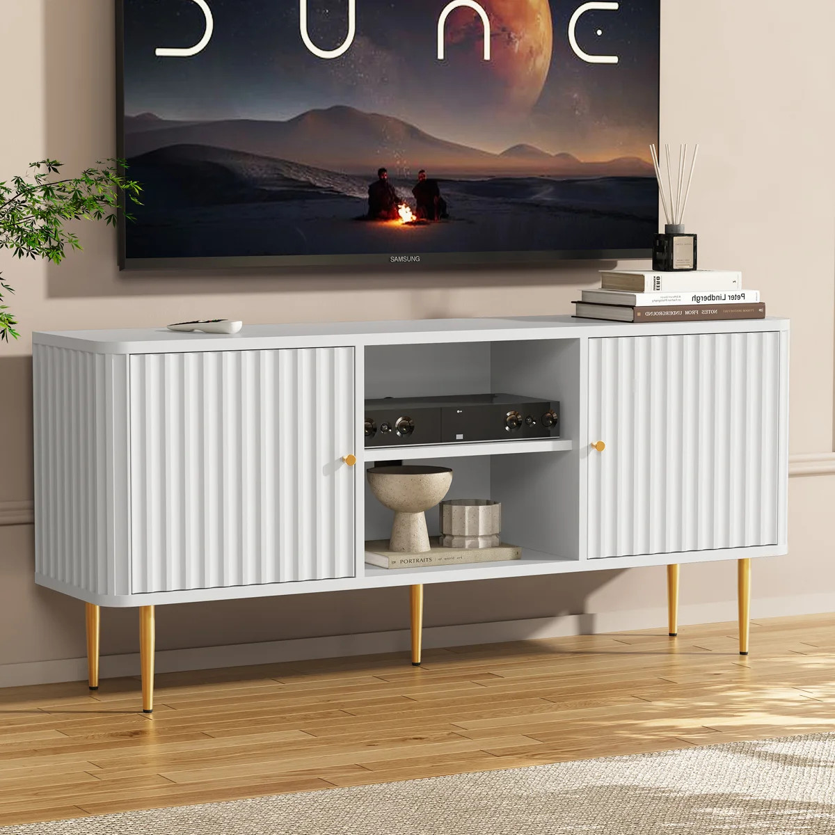 55" Modern Fluted TV Stand, Media Console with Gold Legs, Small Entertainment Center with Cable M... | Wayfair North America