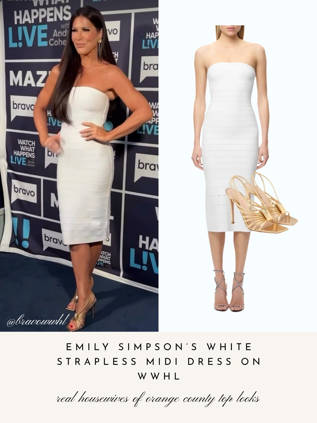 Emily Simpson’s White Strapless Midi Dress on WWHL 📸 = @bravowwhl