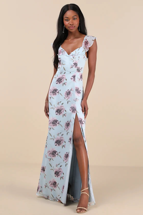 Sweetest Entrance Light Blue Floral Ruffled Tie-Back Maxi Dress | Lulus