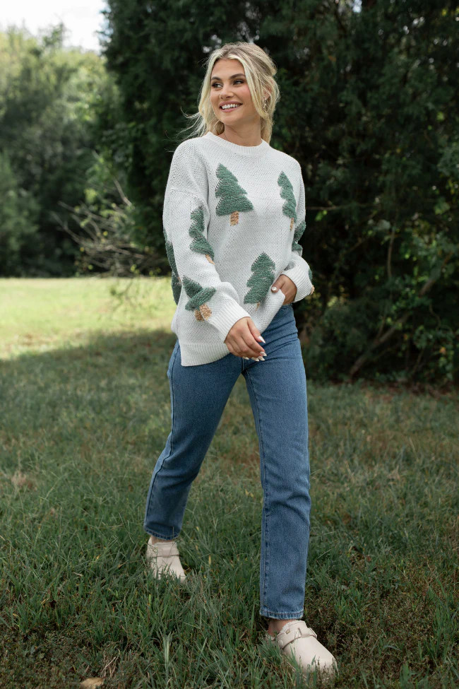 Under The Mistletoe Cream and Green Christmas Tree Sweater | Pink Lily