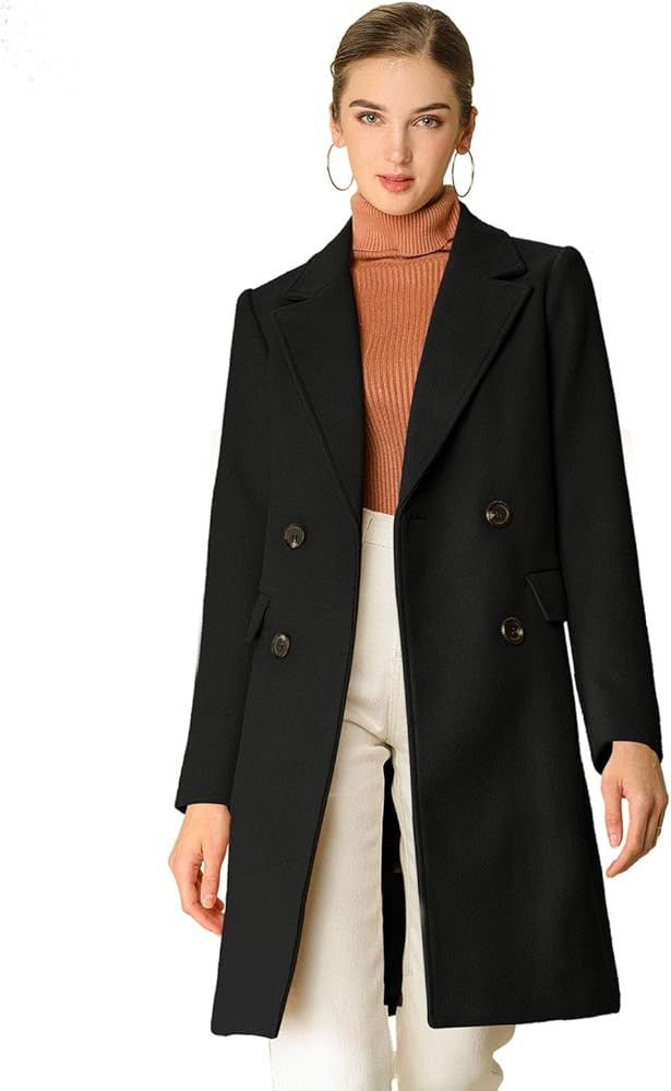 Women's Notch Lapel Double Breasted Belted Mid Long Outwear Winter Coat | Amazon (US)