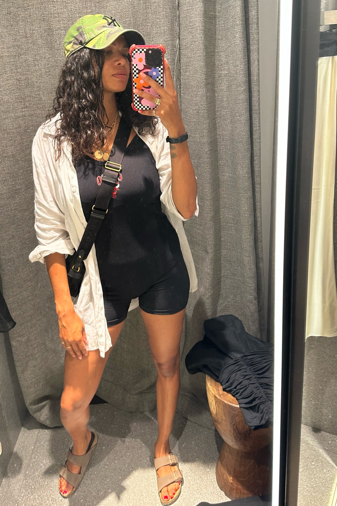 Travel outfit, airport outfit, short unitard, spandex, all in one, oversized shirt, cross body bag, cap, Camo, neutral outfits, transitional outfits, autumn outfits, fall outfits 

#LTKSeasonal #LTKtravel #LTKstyletip