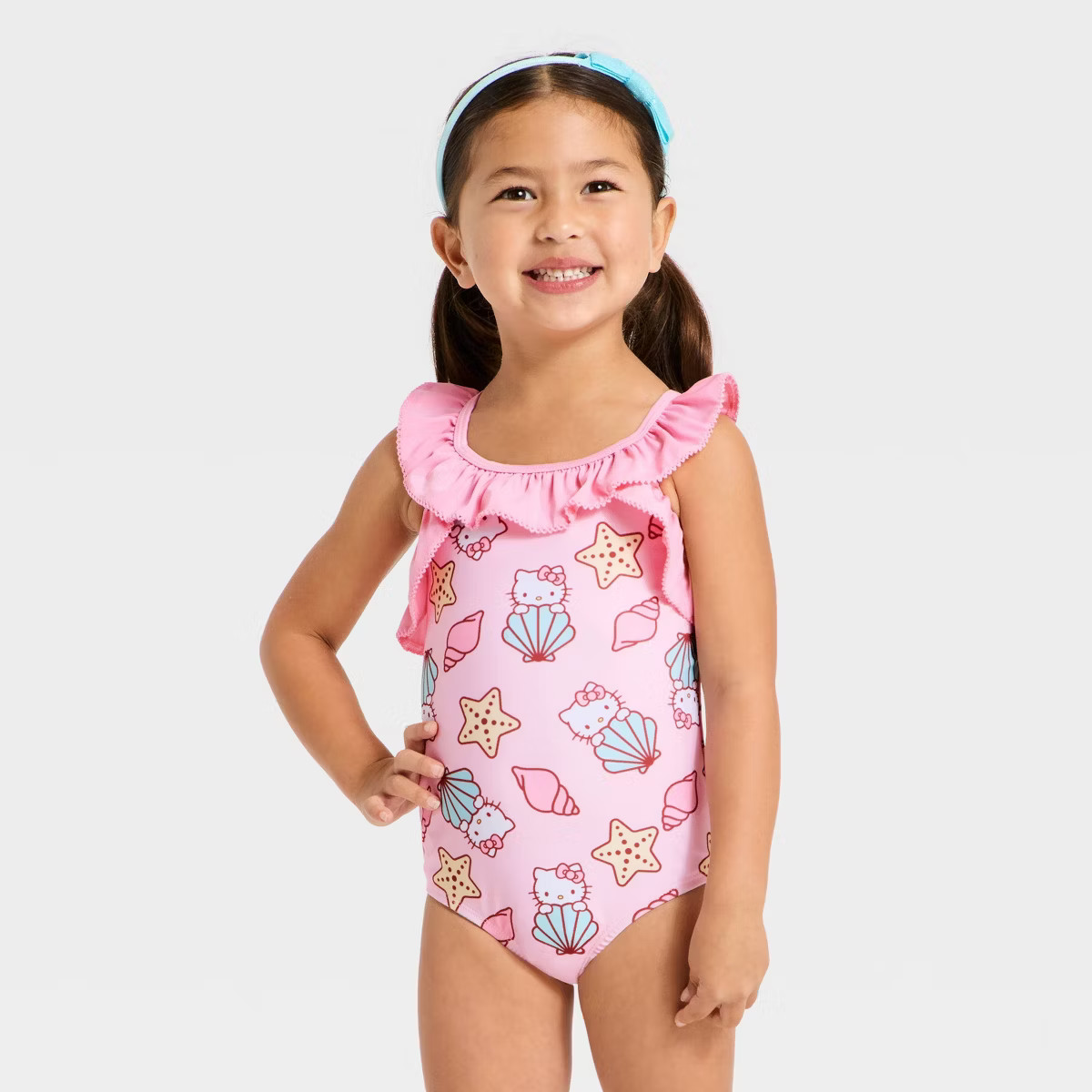 Toddler Girls' Hello Kitty Seashell Printed Ruffle One Piece Swimsuit - Pink | Target