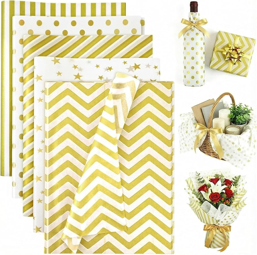 Koogel 100 Sheets Tissue Paper, 20 x 14 Inch White Gold Tissue Paper for Gift Bags, Stars and Str... | Amazon (US)