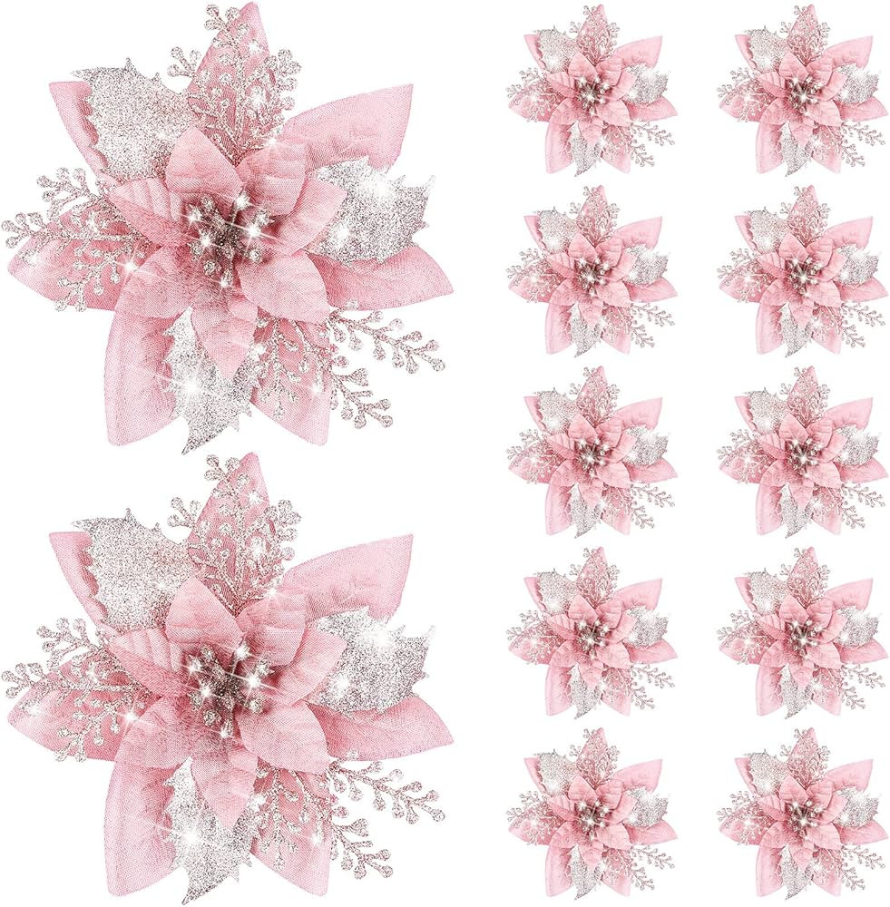 Canlierr Inch Artificial Poinsettias Christmas Glitter Flowers with Clips Xmas Tree Flower Orname... | Amazon (US)