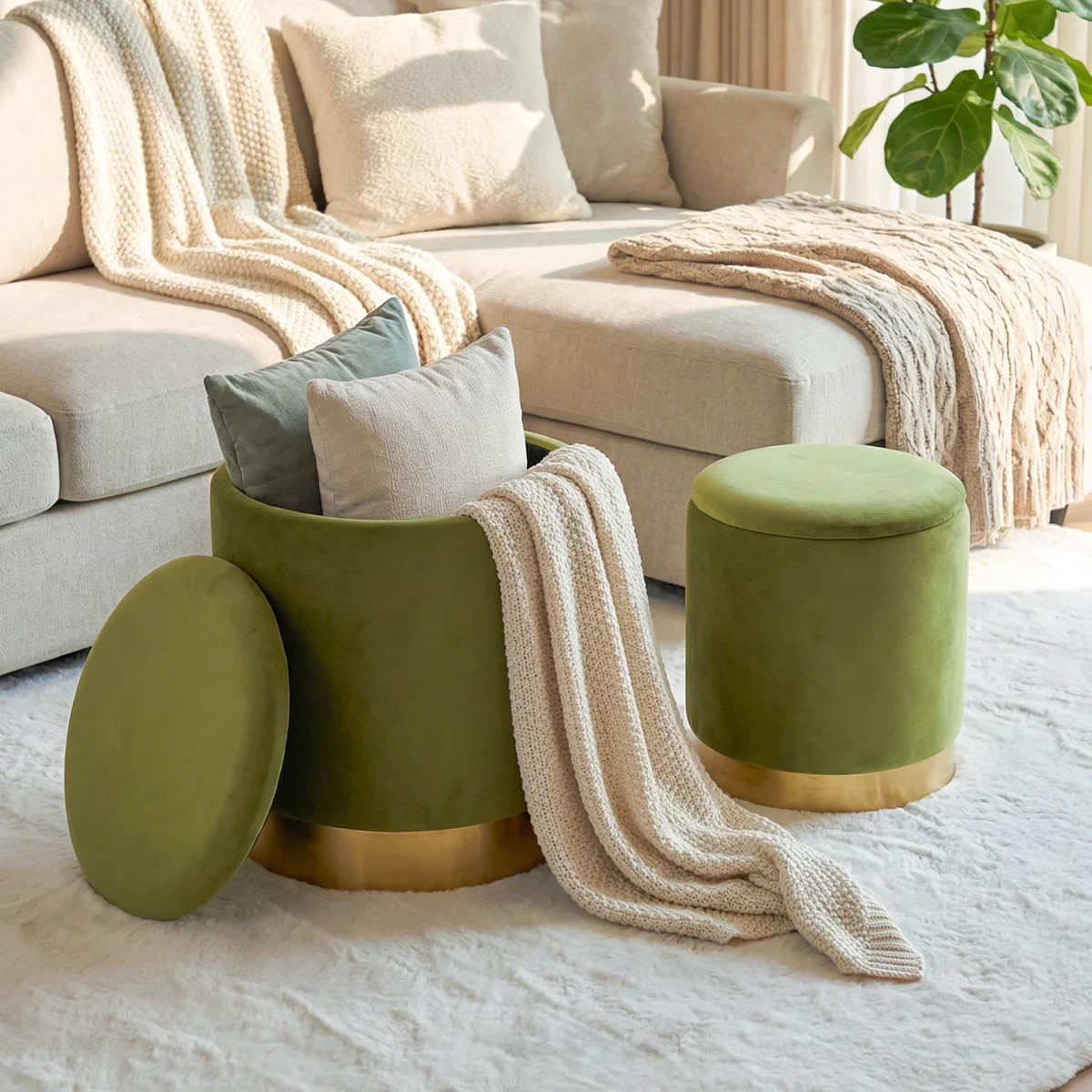 Round Ottoman With Storage and Gold Plating Base (Set of 2) | Wayfair North America