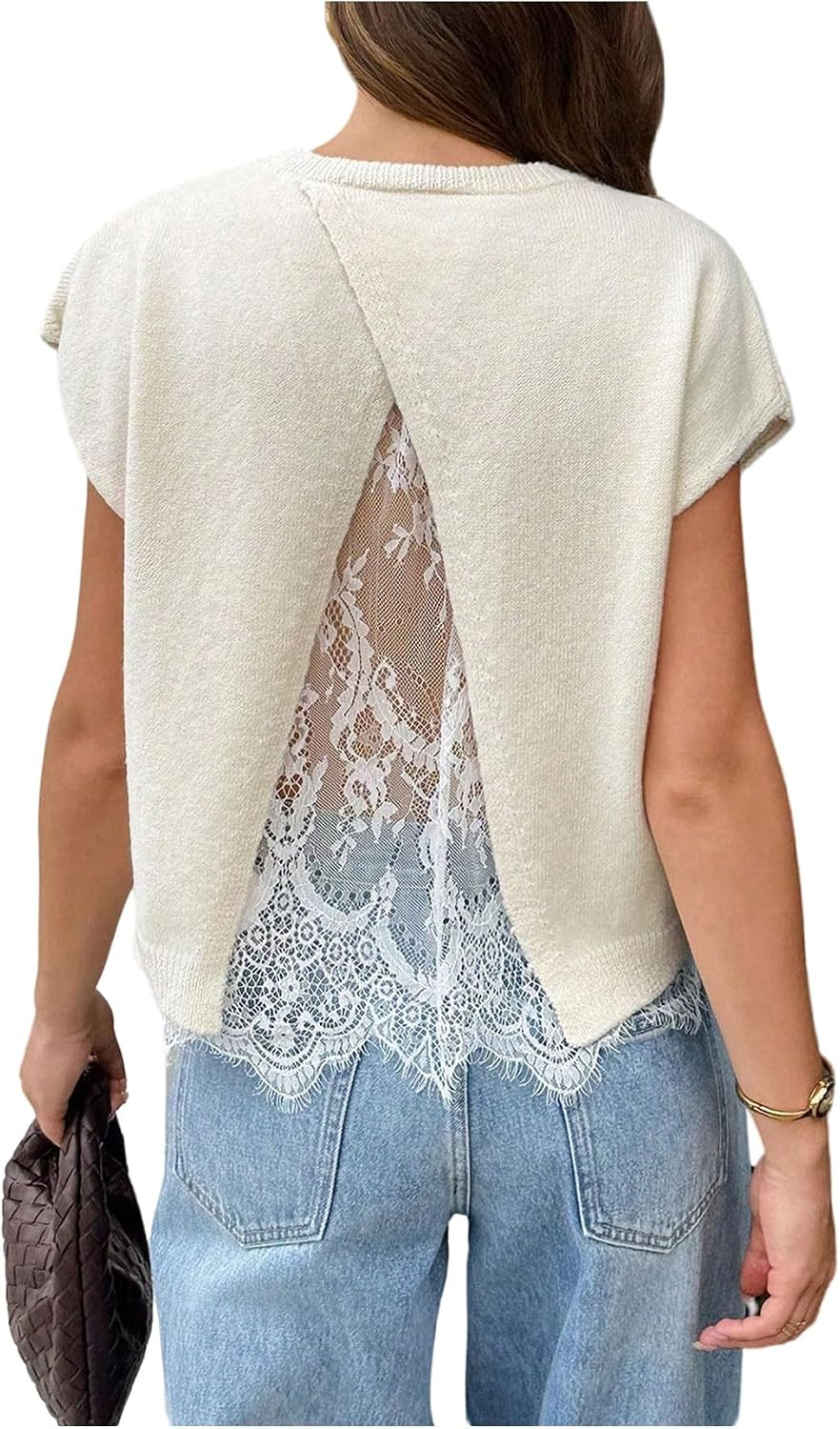 Verdusa Women's Lace Sweater Vest Sleeveless Open Back Tops Fall Outfits | Amazon (US)