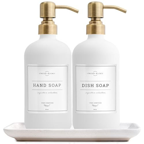 Vine Creations Glass Soap Dispenser, 2 Pack Kitchen Soap Dispenser Set with Ceramic Tray, Stainless Steel Pump, Dish Soap and Hand Soap Dispensers for Bathroom or Kitchen Decor with Waterproof Labels | Amazon (US)