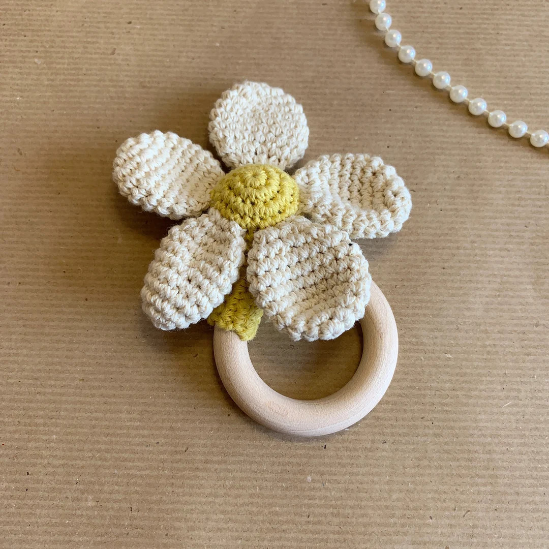 Gift Newborn Crochet Baby Rattle Flower With Grip Ring, Montessori Baby Toy, Personalized Newborn... | Etsy (US)