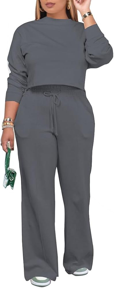PINSV Women's 2 Piece Outfits Sweatsuit Set Long Sleeve Crop Top Drawstring Wide Leg Pants with P... | Amazon (US)