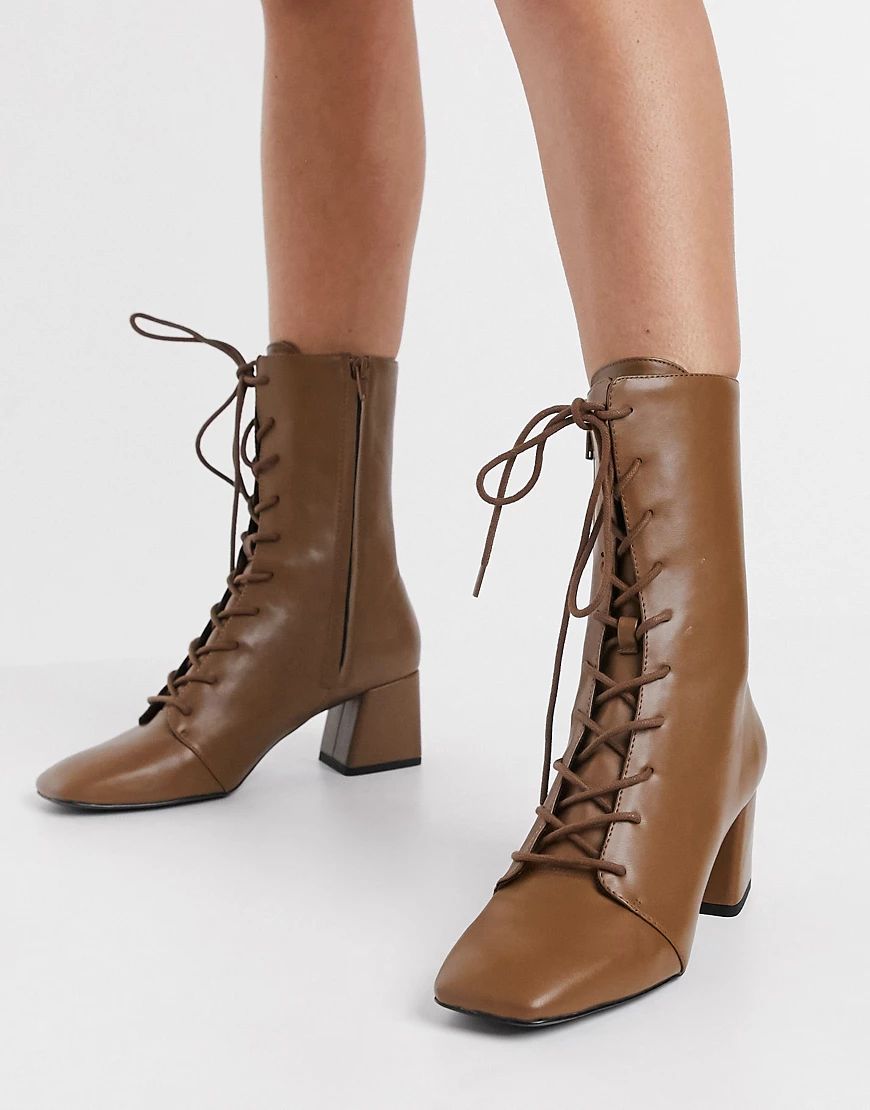 Monki Thelma faux leather lace up heeled boot in tan | ASOS (Global)